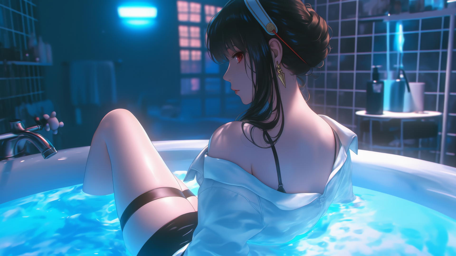 Yor Forger from Spy x Family in a white office shirt, in a tub with neon light and thigh focus.