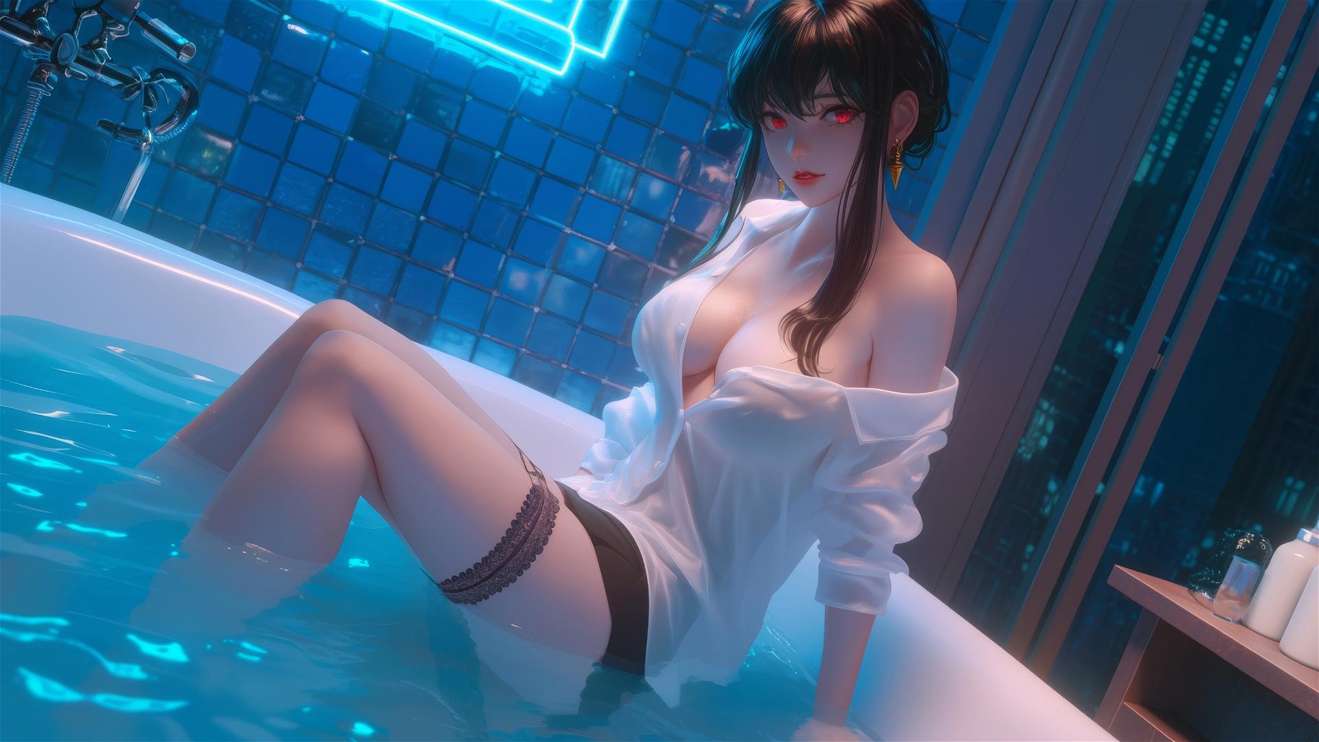 Yor Forger in a white office shirt at her apartment's tub with neon lighting, thigh focus.