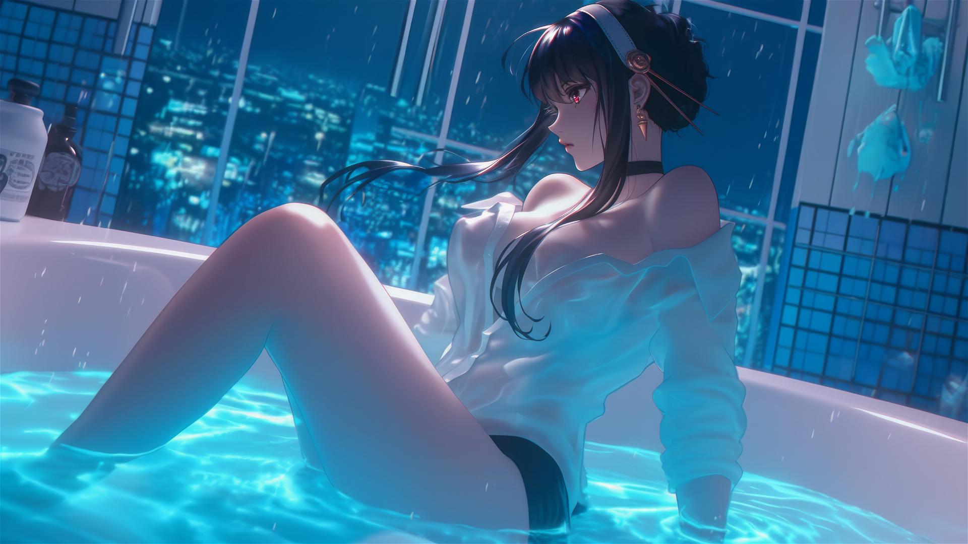 Yor Forger in white office shirt jumping out of a tub with neon light.