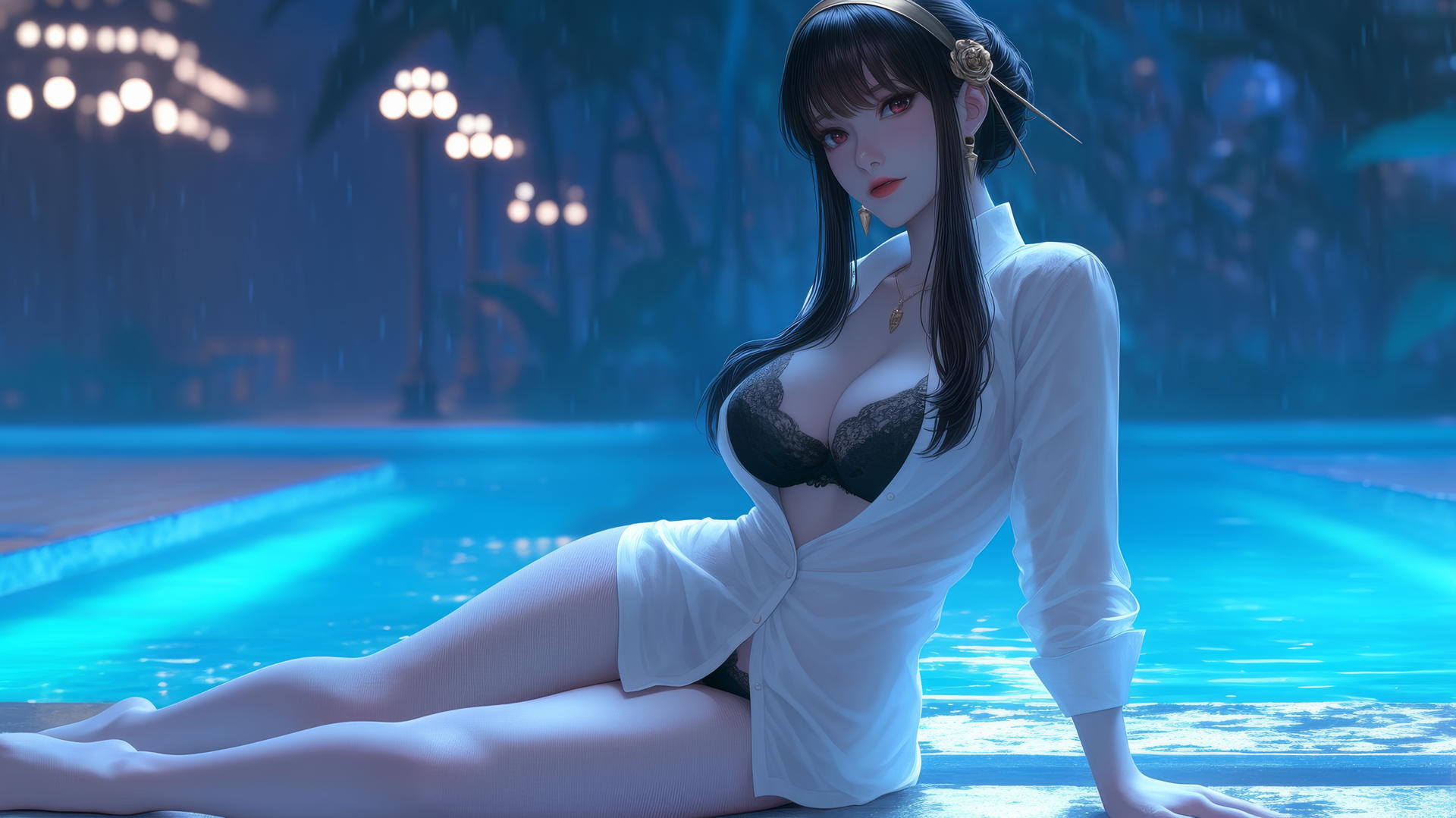 Yor Forger from Spy x Family in white office shirt by rainy pool, moonlit glow, thigh focus.