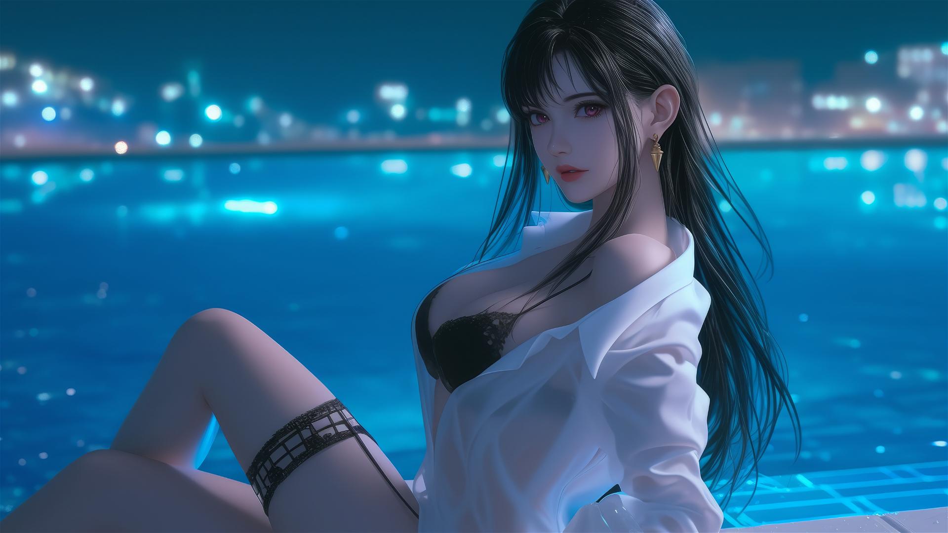 Yor Forger in a white office shirt sitting by a rainy swimming pool with moonlight.