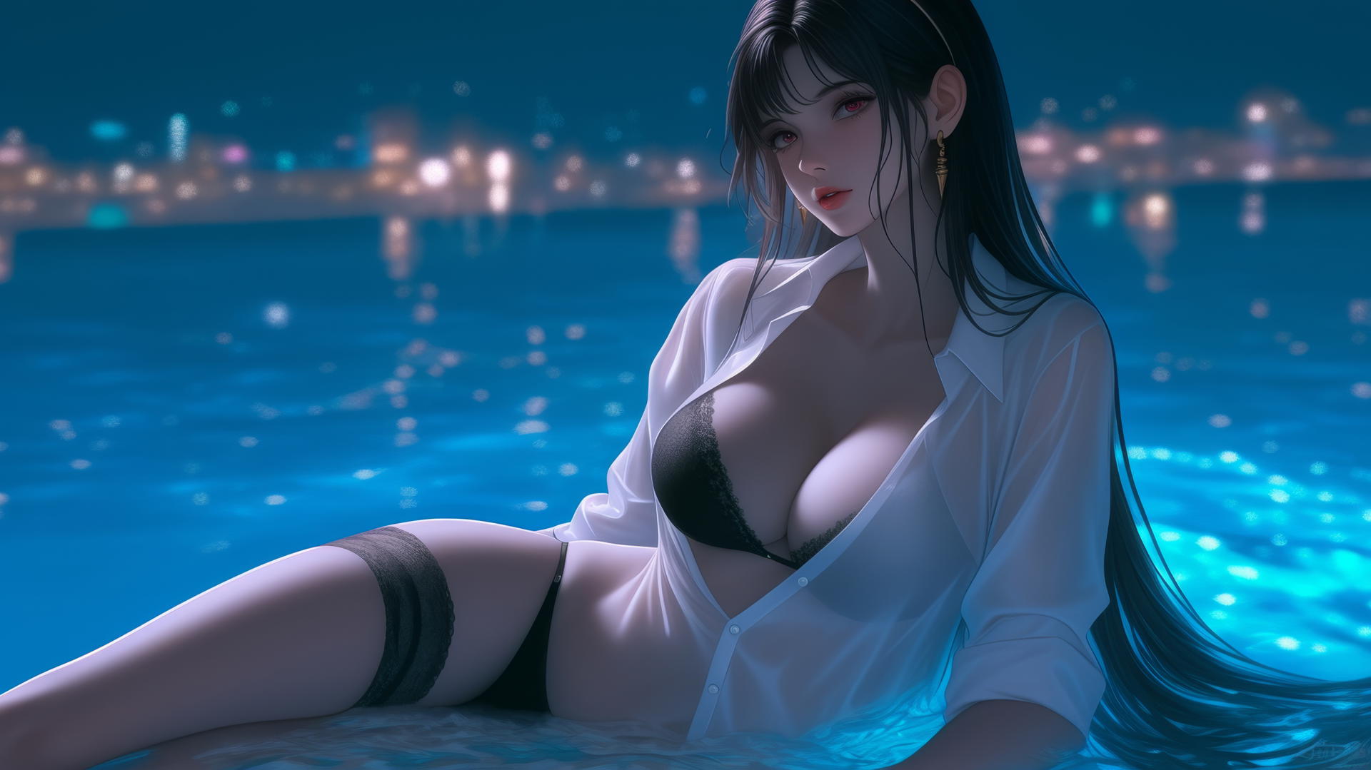 Yor Forger from Spy x Family in a white shirt, sitting by a rainy pool at night.
