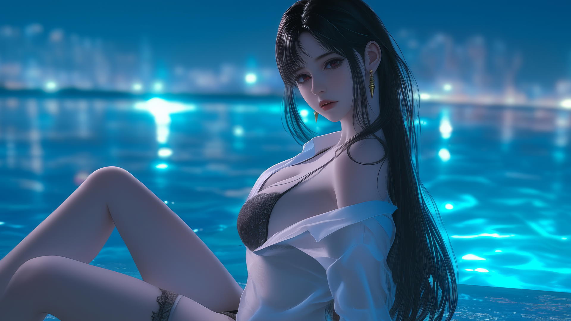 Yor Forger from Spy x Family in white office shirt sitting by rainy pool under moonlight