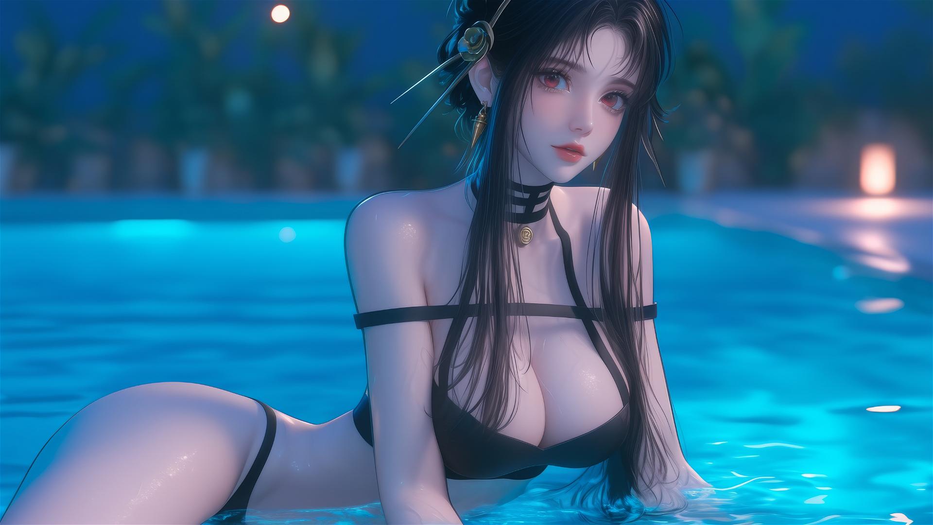 Yor Forger from Spy x Family at a rainy pool in moonlight.
