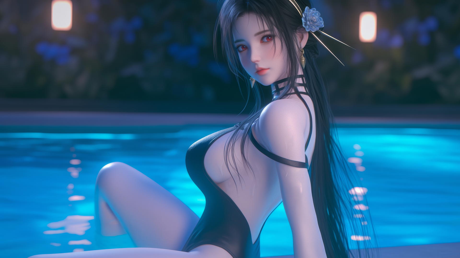 Yor Forger sitting by a rainy pool in moonlight