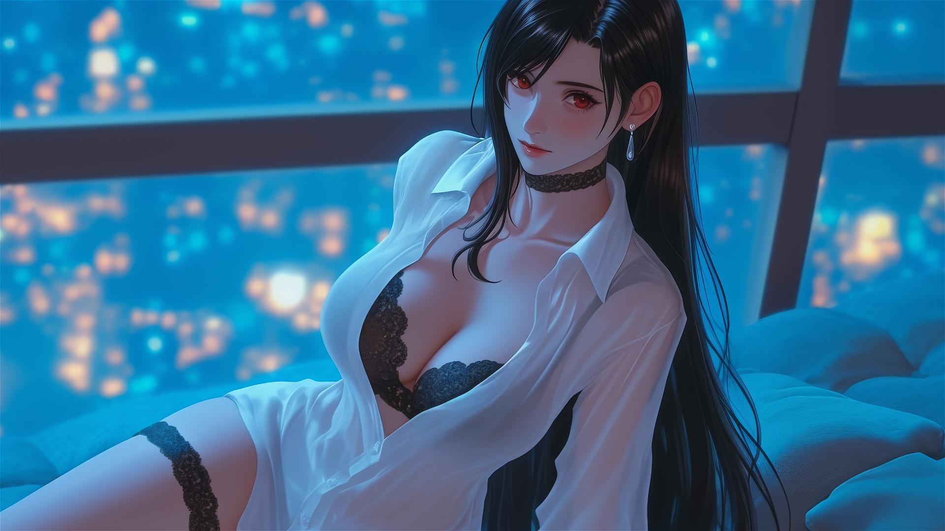 Tifa Lockhart in white office shirt in a modern hotel room with neon light.