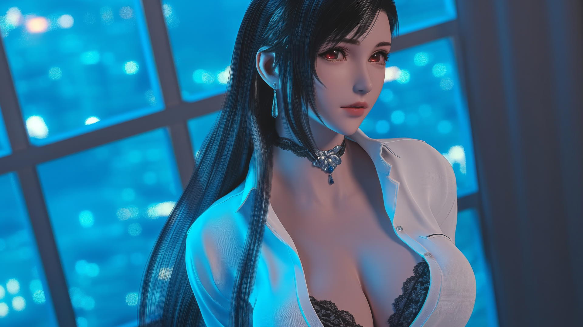 Tifa Lockhart from Final Fantasy in a modern hotel room with neon lighting.