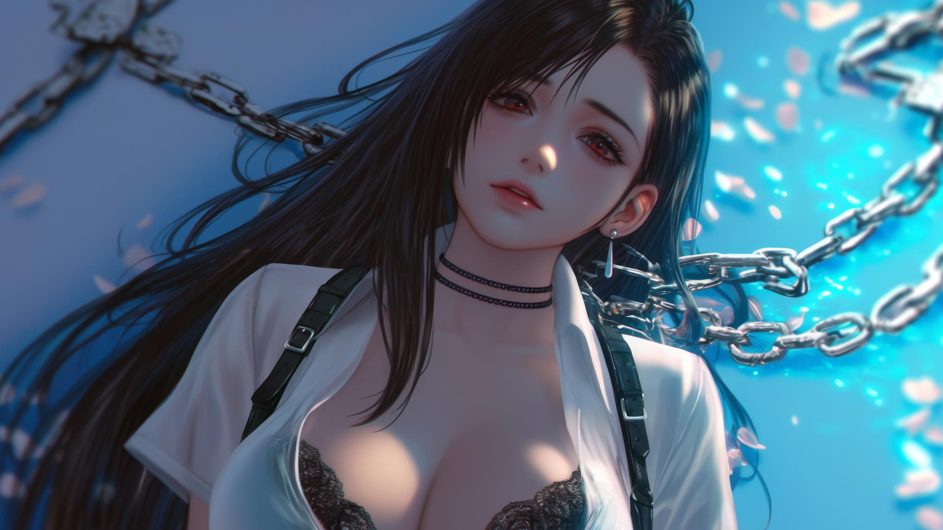 Tifa Lockhart from Final Fantasy in a modern hotel room, chained, neon lighting