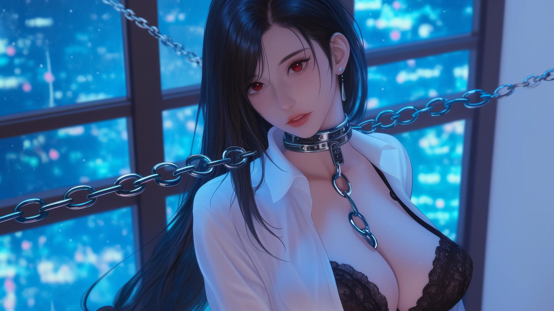 Tifa Lockhart in a white office shirt, chained in a modern hotel room with neon light