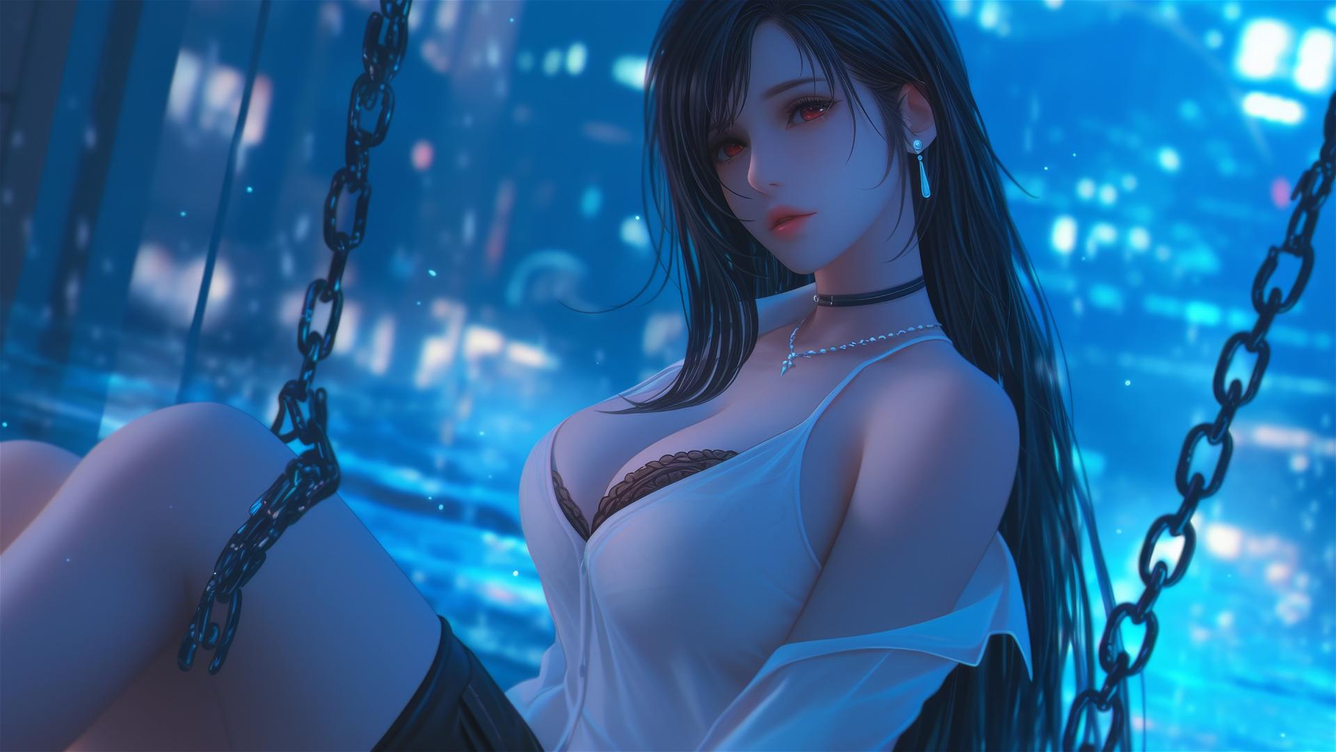 Tifa Lockhart in modern hotel room, chained, neon light glow