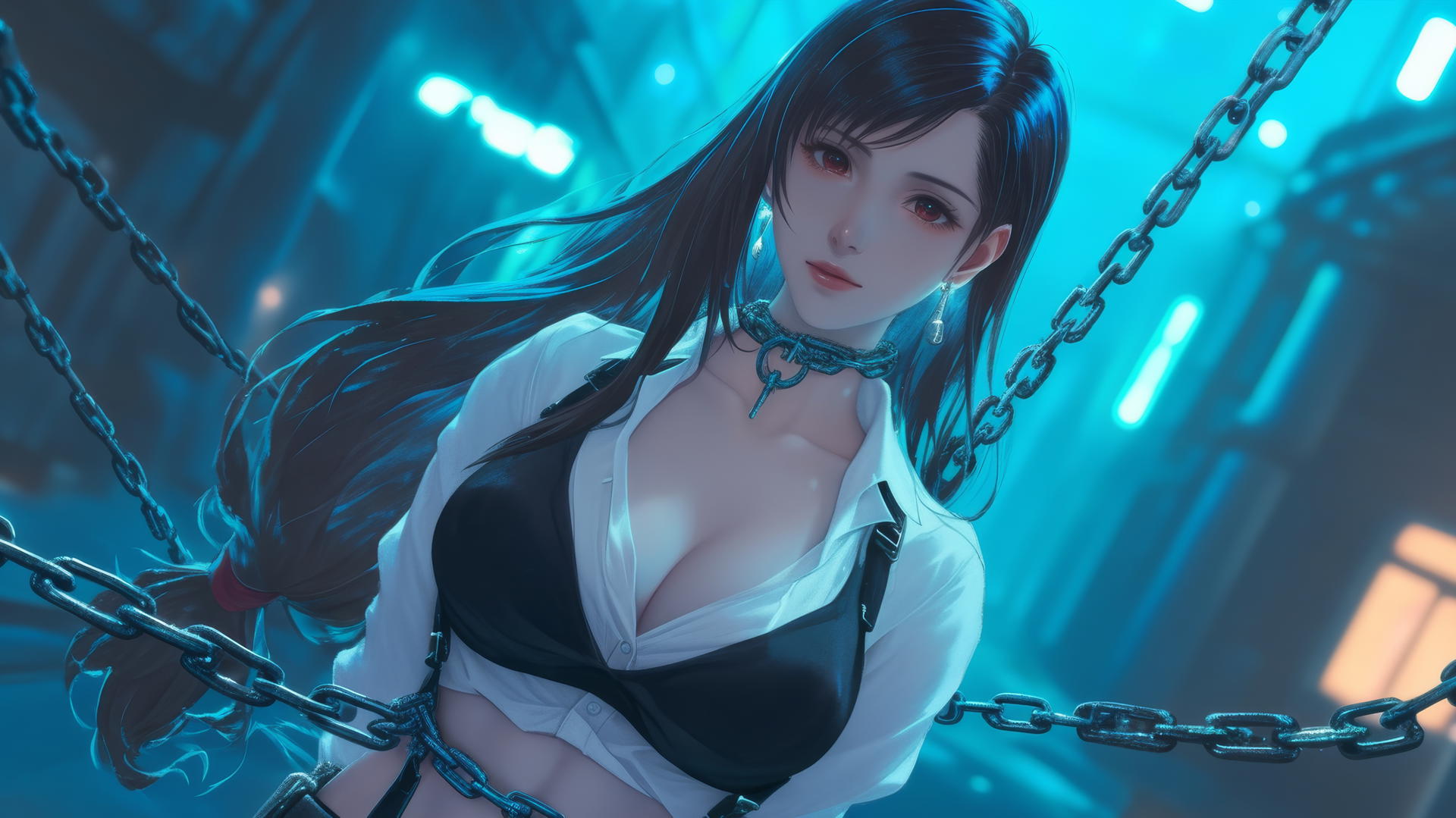 Tifa Lockhart in chains with neon-lit glow in dark basement