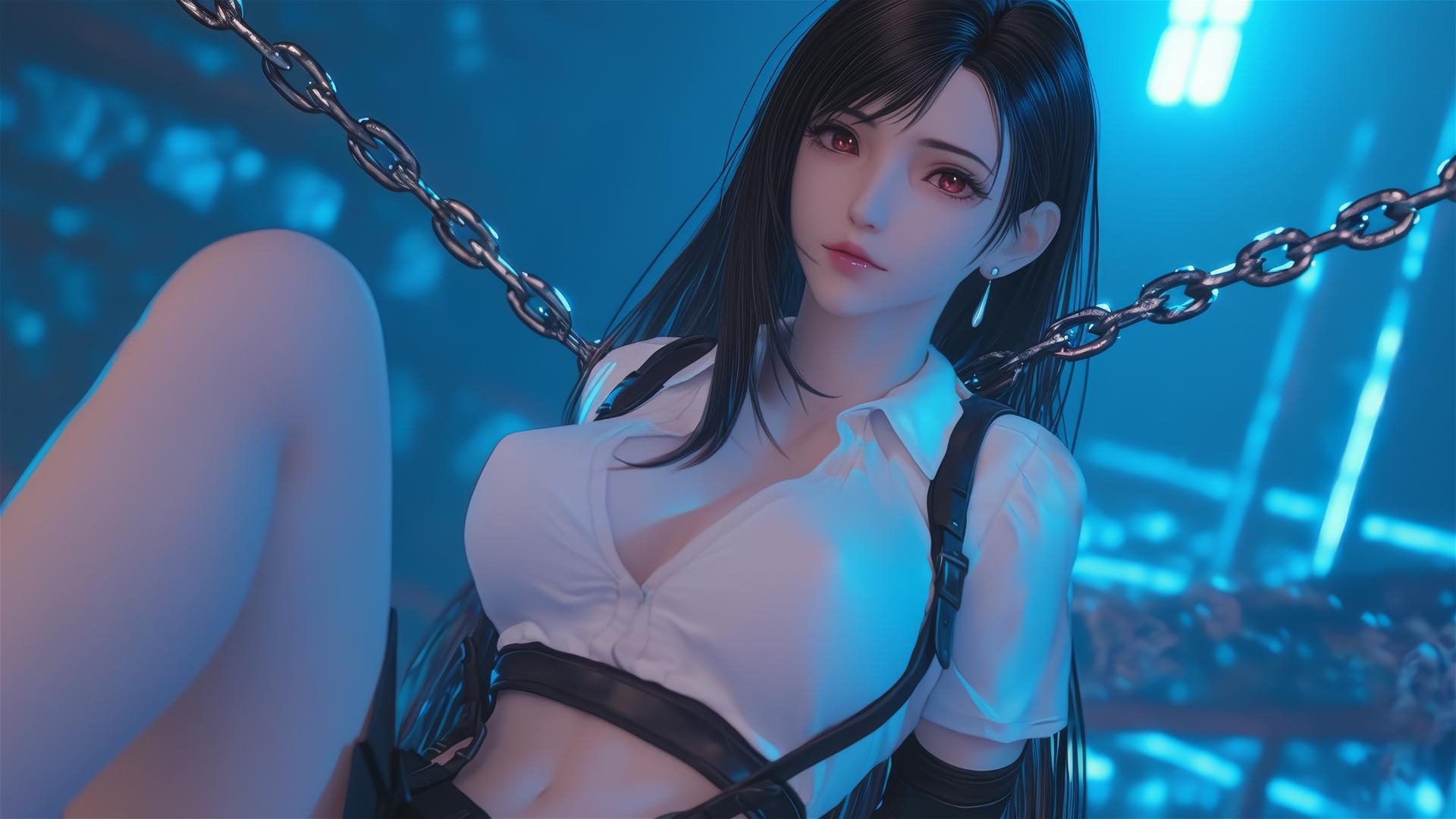 Tifa Lockhart in a white office shirt, chained in a dark basement with neon light.