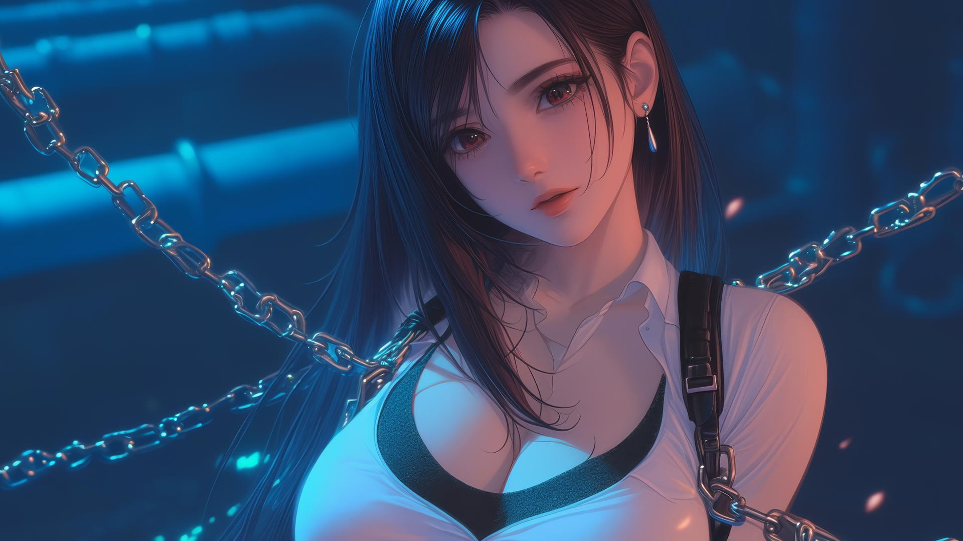 Tifa Lockhart chained in a dark basement with neon light and white office shirt.