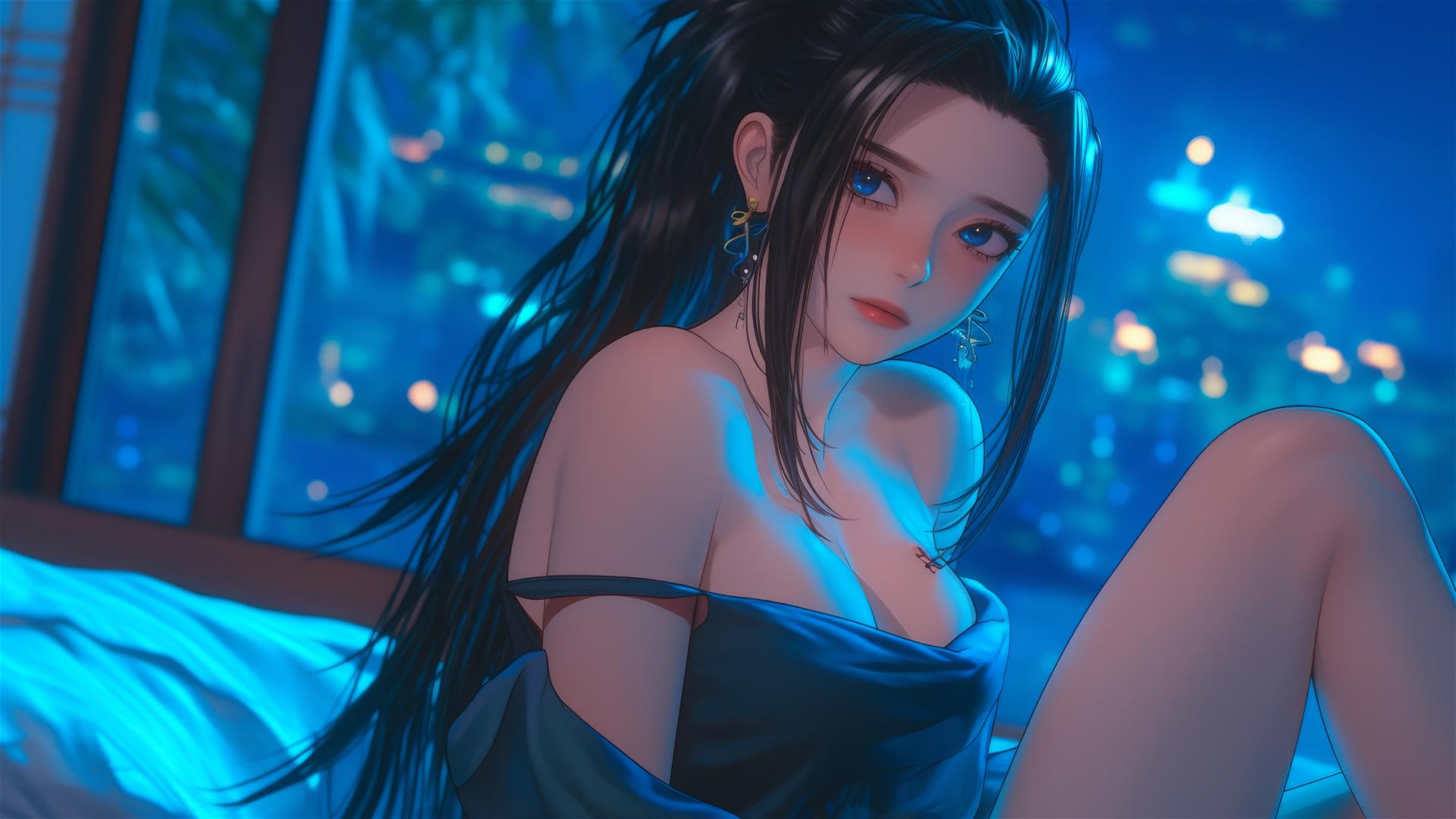 Momo Yaoyorozu in modern hotel room with neon glow