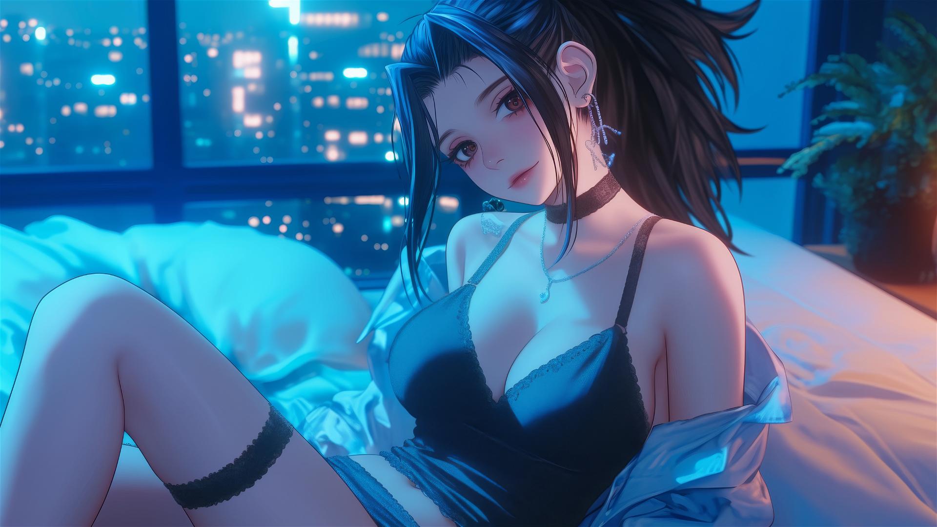 Momo Yaoyorozu from My Hero Academia in a modern hotel room with neon lighting