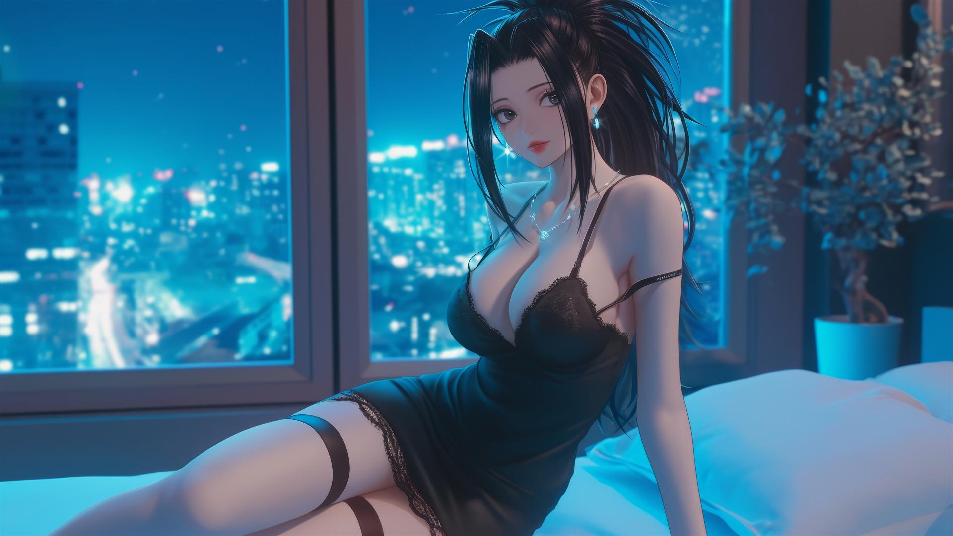 Momo Yaoyorozu in a modern hotel room with neon light glow
