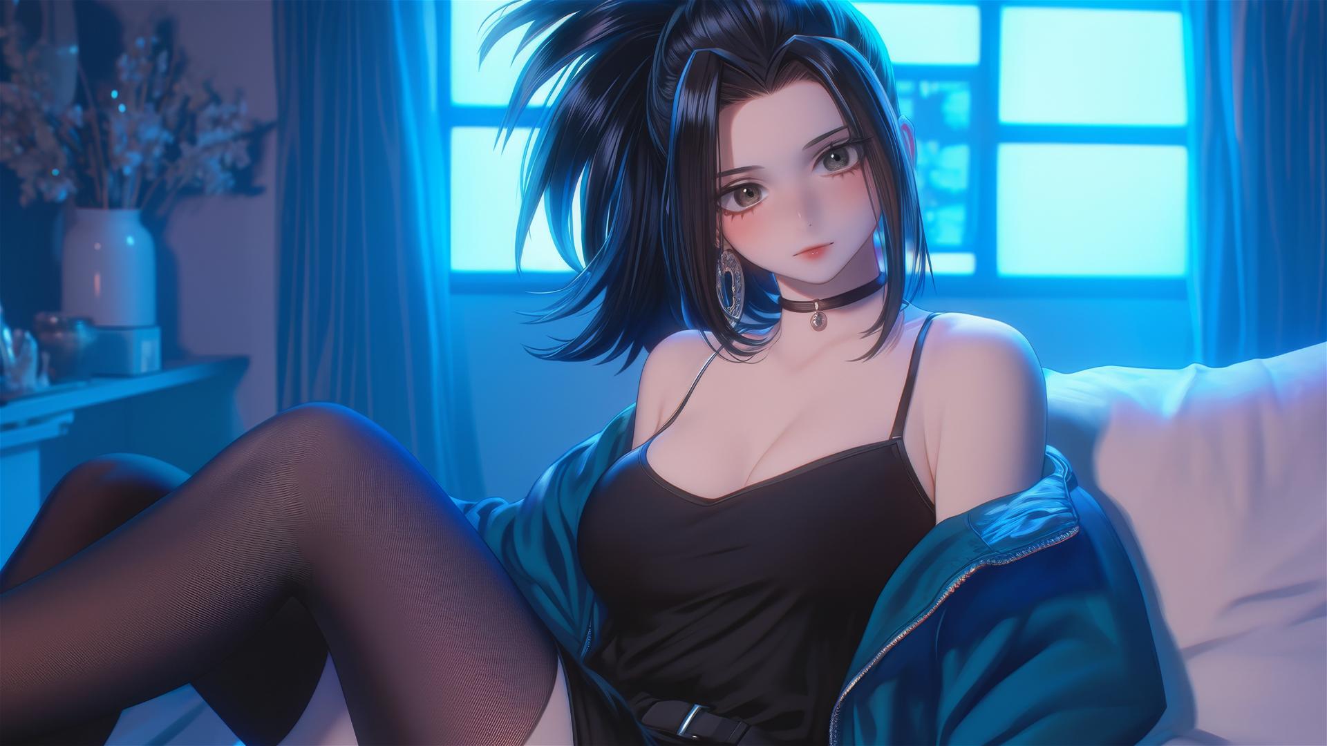 Momo Yaoyorozu from My Hero Academia in a modern hotel room with neon lighting