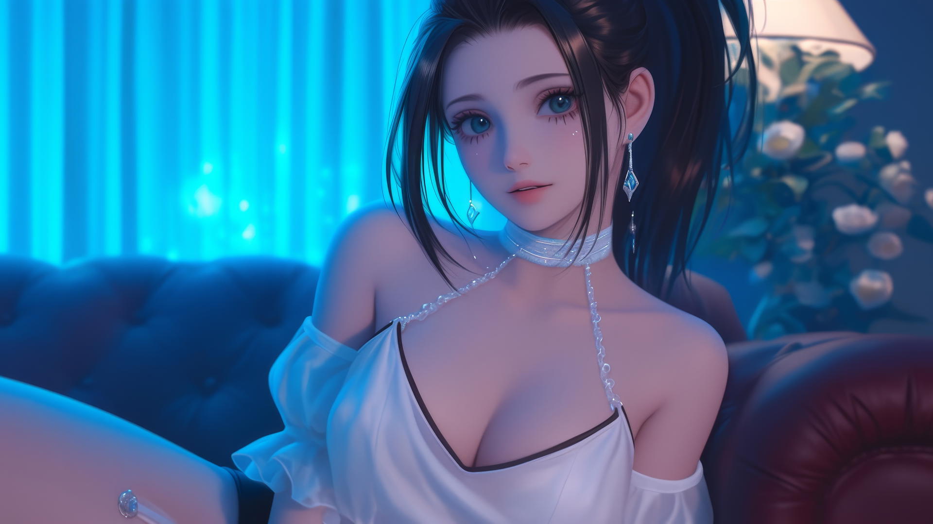 Momo Yaoyorozu in modern hotel room with neon lighting