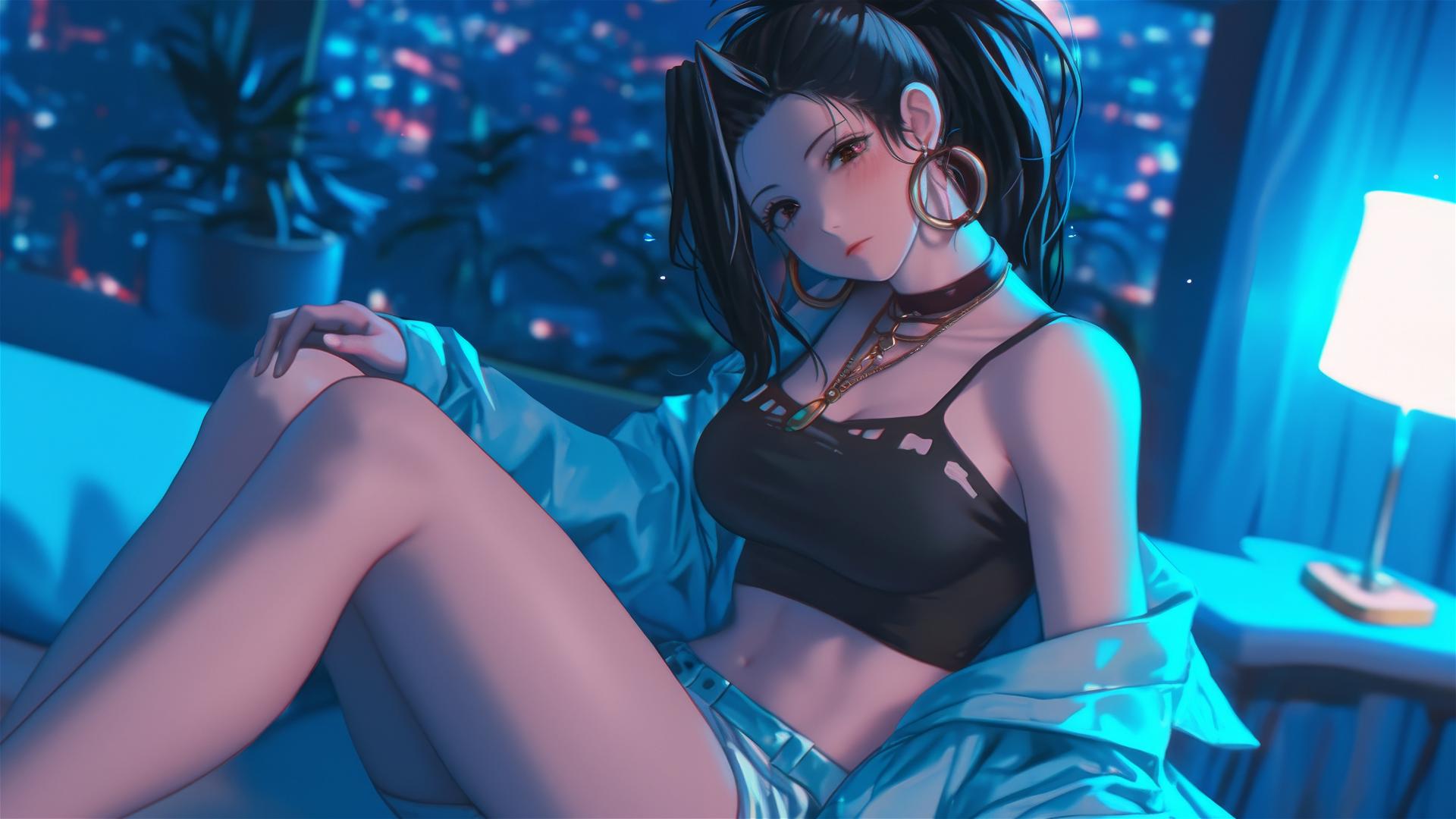 Momo Yaoyorozu in neon-lit modern hotel room