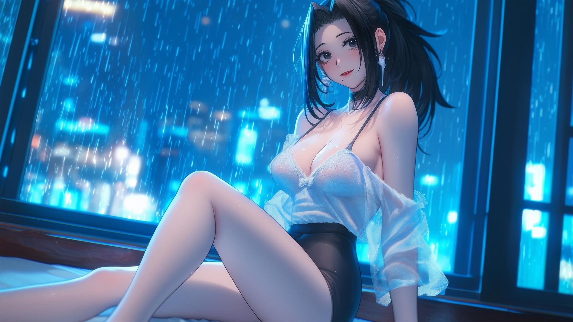 Momo Yaoyorozu in a modern hotel room with neon light glow