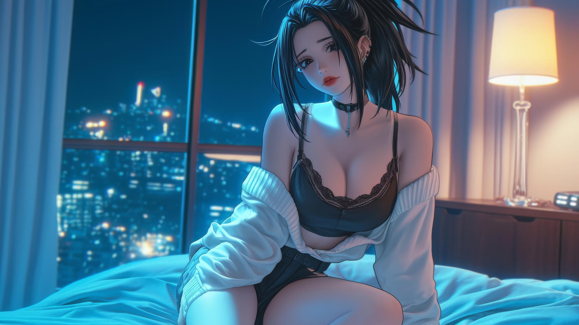 Momo Yaoyorozu from My Hero Academia in a modern hotel room with neon lighting