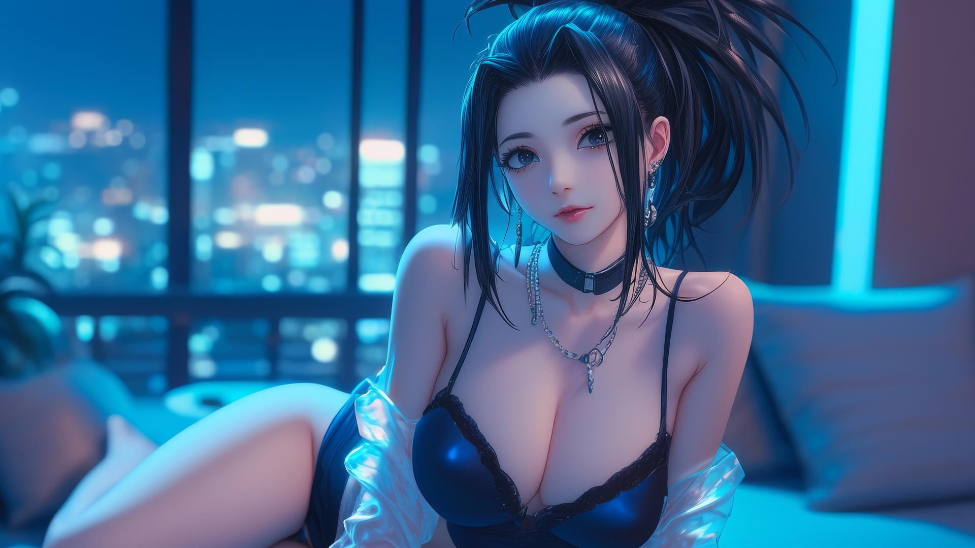 Momo Yaoyorozu in modern hotel room with neon light glow