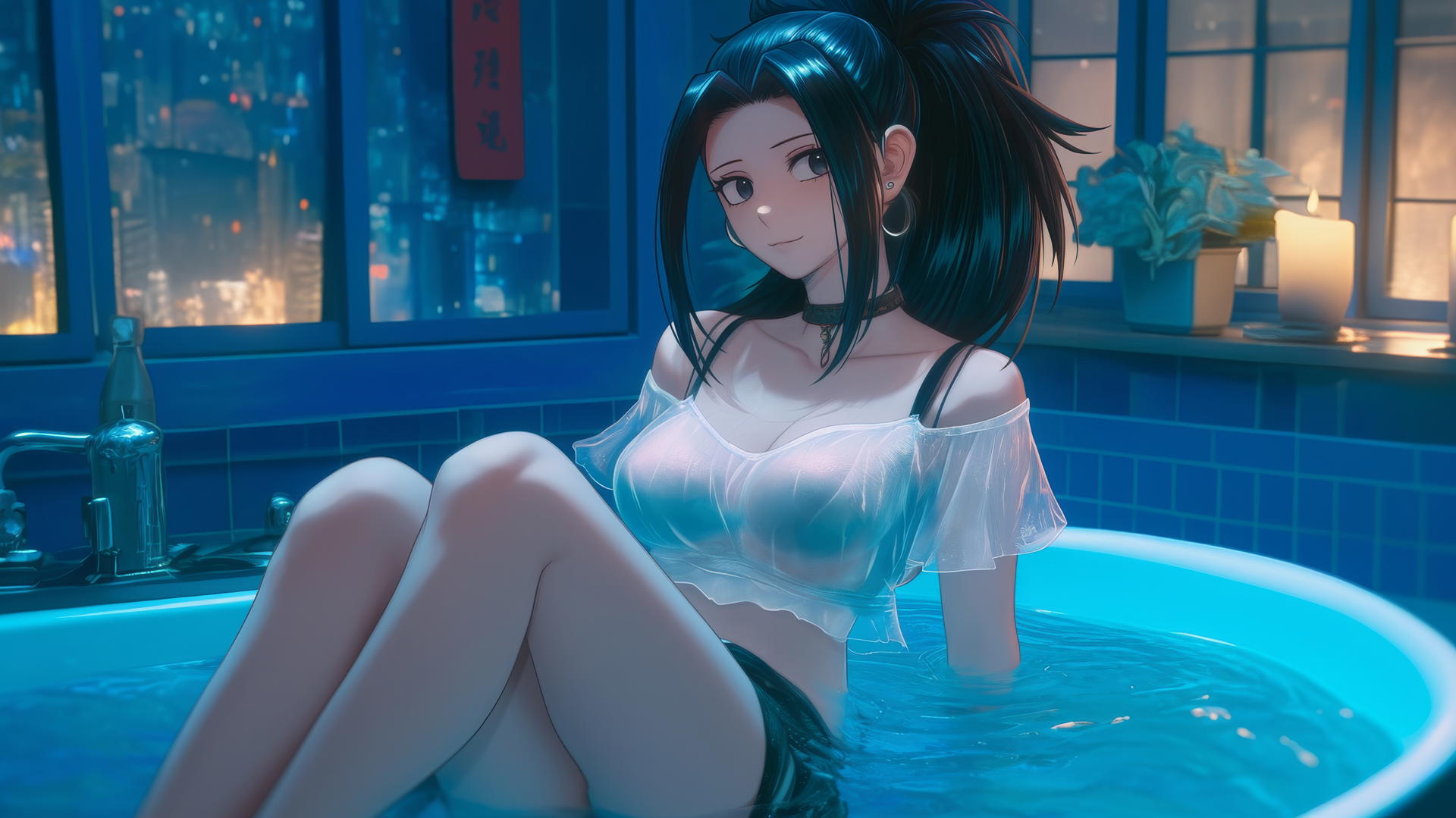 Momo Yaoyorozu from My Hero Academia in a bathtub with soft neon light