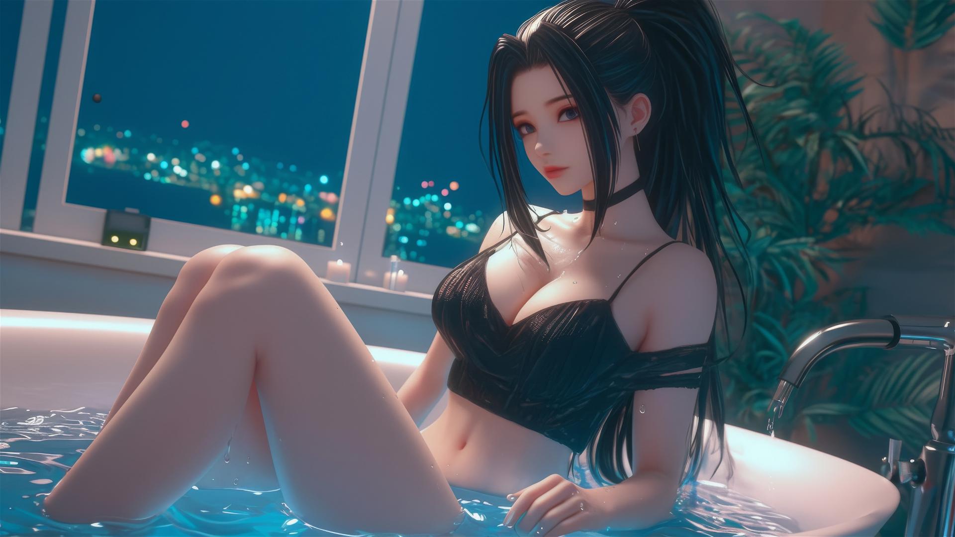 Momo Yaoyorozu from My Hero Academia in a tub with neon light glow