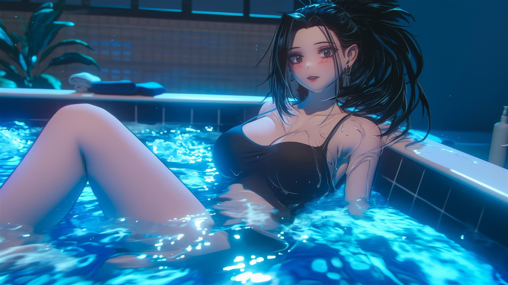 Momo Yaoyorozu from My Hero Academia in a modern hotel tub with neon light glow