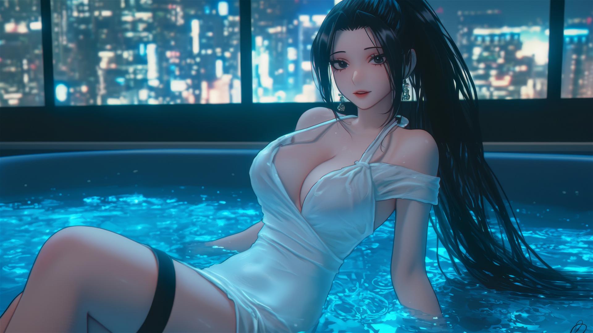 Momo Yaoyorozu from My Hero Academia in a modern hotel tub with neon lighting.