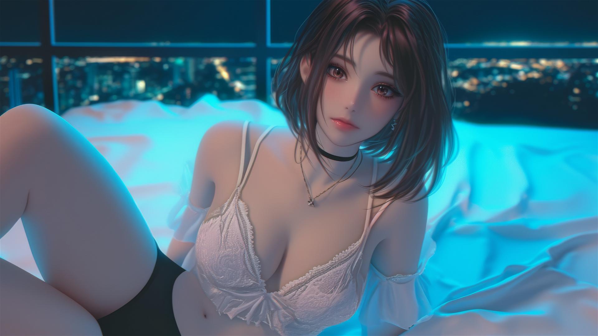 Ochaco Uraraka in a modern hotel room with neon light glow, highlighting her auburn hair and eyes.