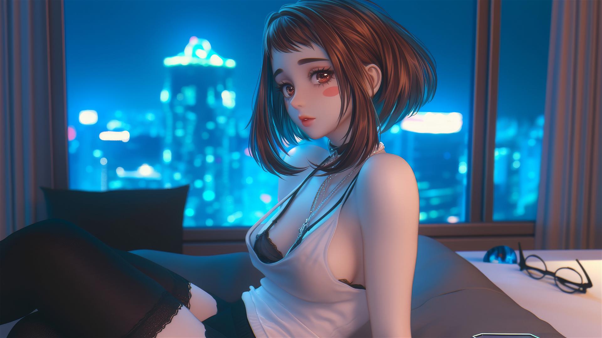 Ochaco Uraraka in a modern hotel room with neon light, auburn hair and eyes, pink blush, and stylish bob hairstyle.