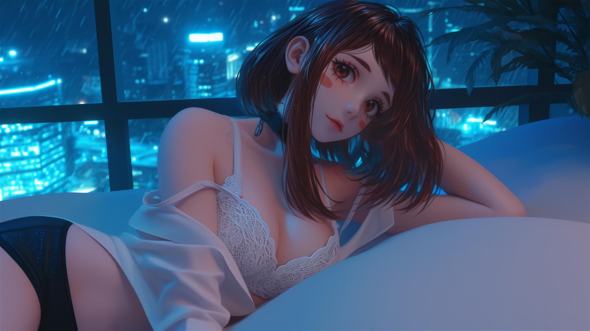 Ochaco Uraraka from My Hero Academia in a modern hotel room with neon lighting, auburn hair and eyes, pink blush.