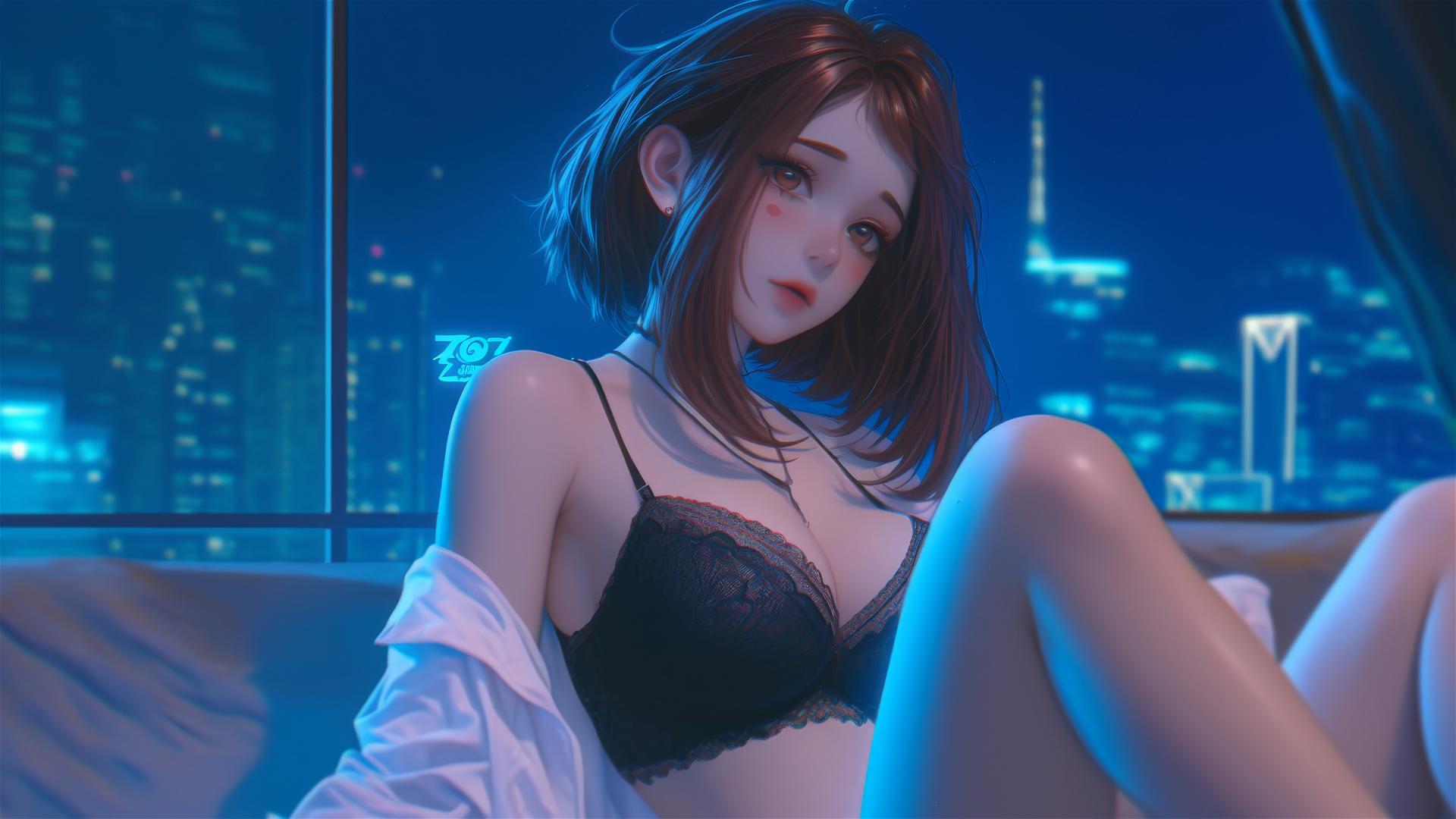 Ochaco Uraraka in a modern hotel room with neon lighting, auburn hair, and pink blush.