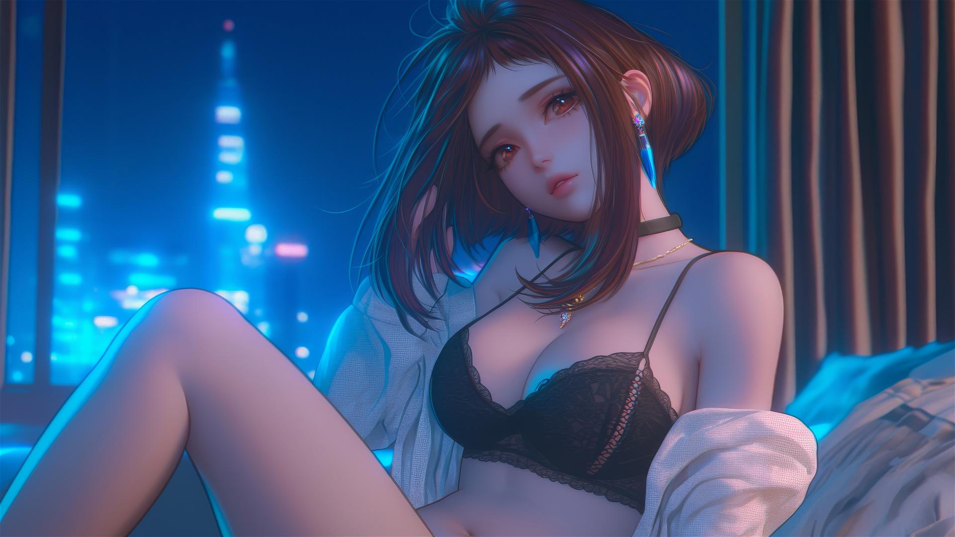 Ochaco Uraraka from My Hero Academia in a modern hotel room with neon lighting.