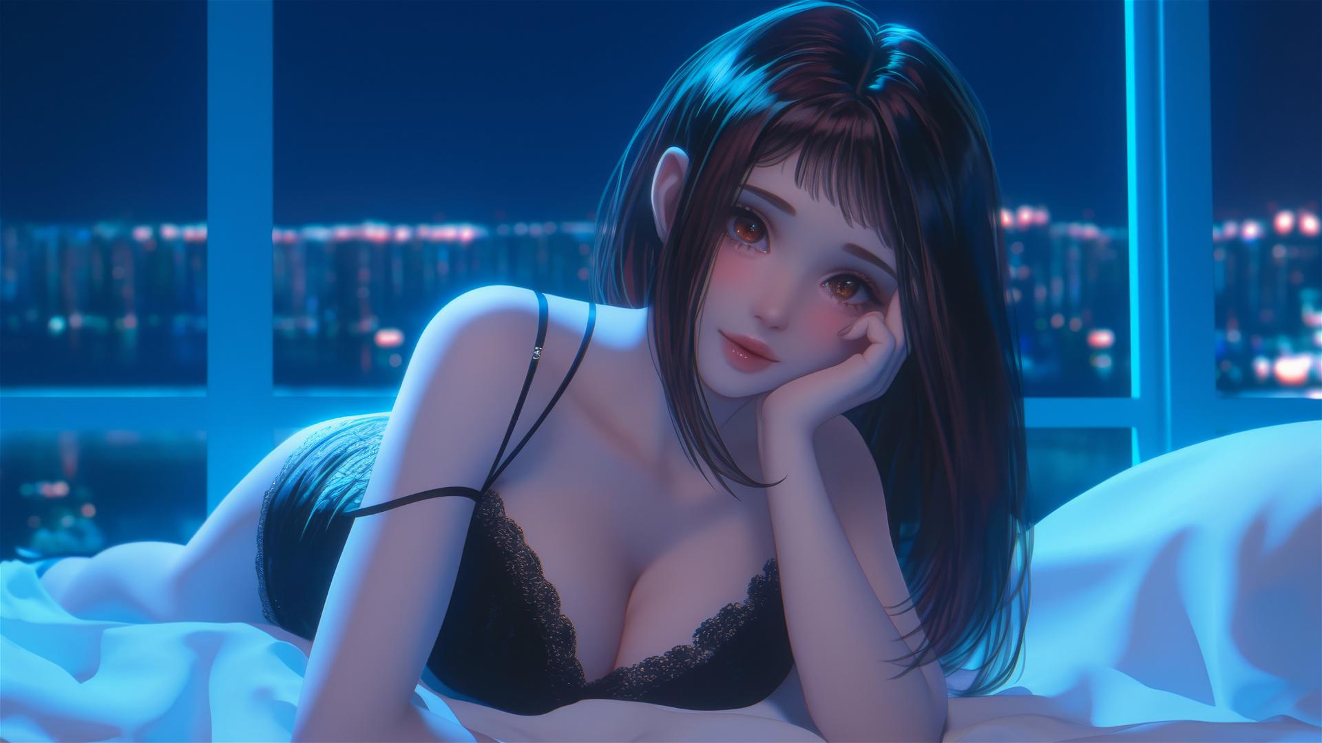 Ochaco Uraraka from My Hero Academia in a modern hotel room with neon lighting, auburn hair, and pink blush.