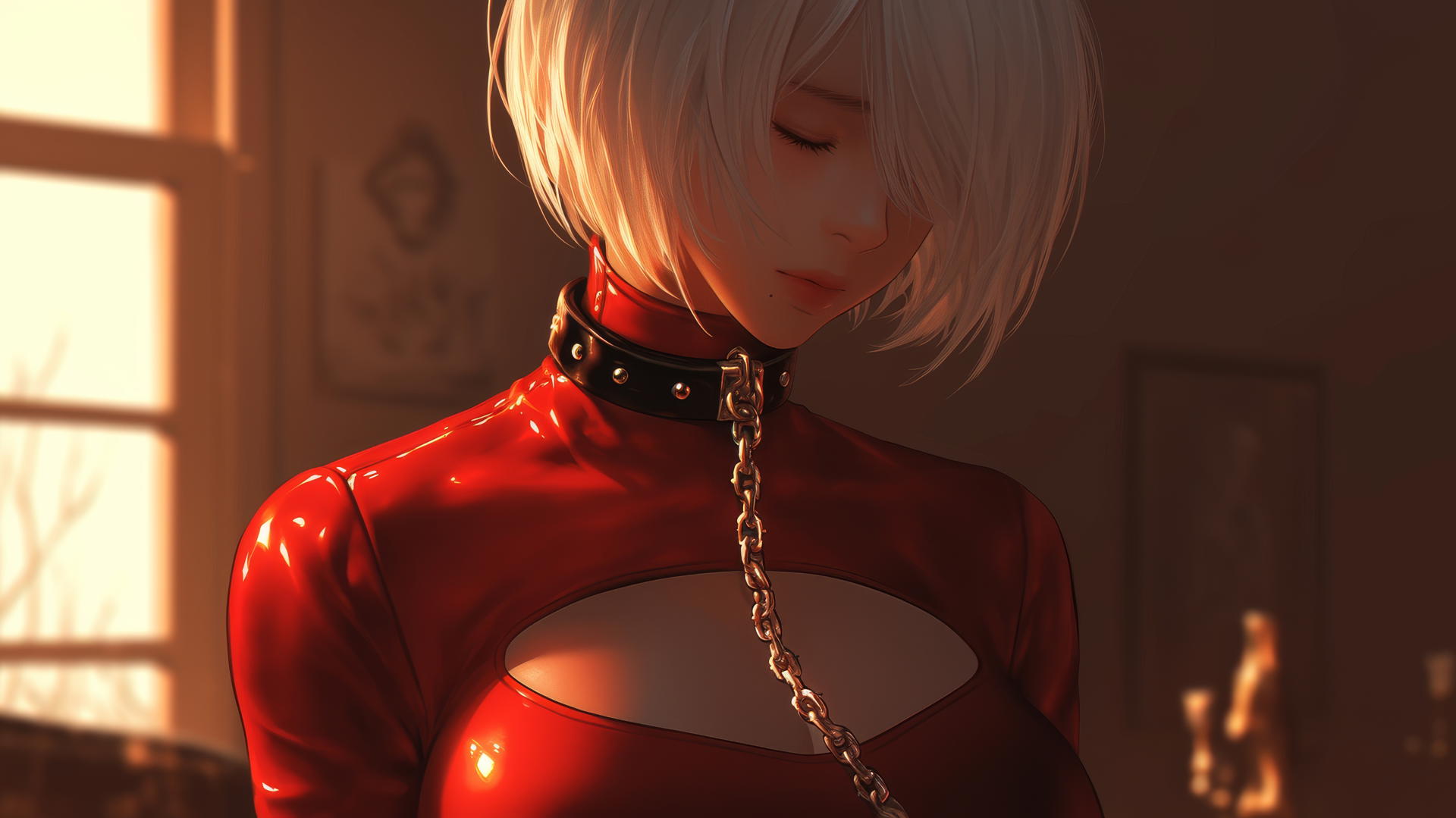 2B from Nier chained by neck in modern hotel room, glowing warmly