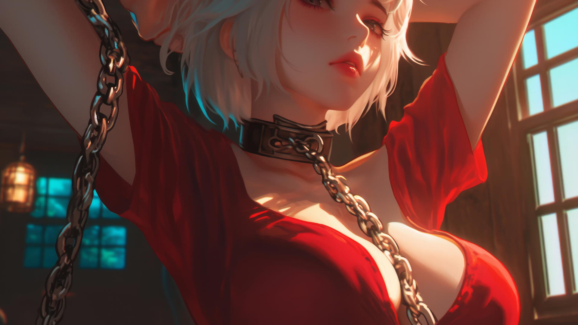 2B from Nier in red with neck locked by thick iron chains in a modern hotel room