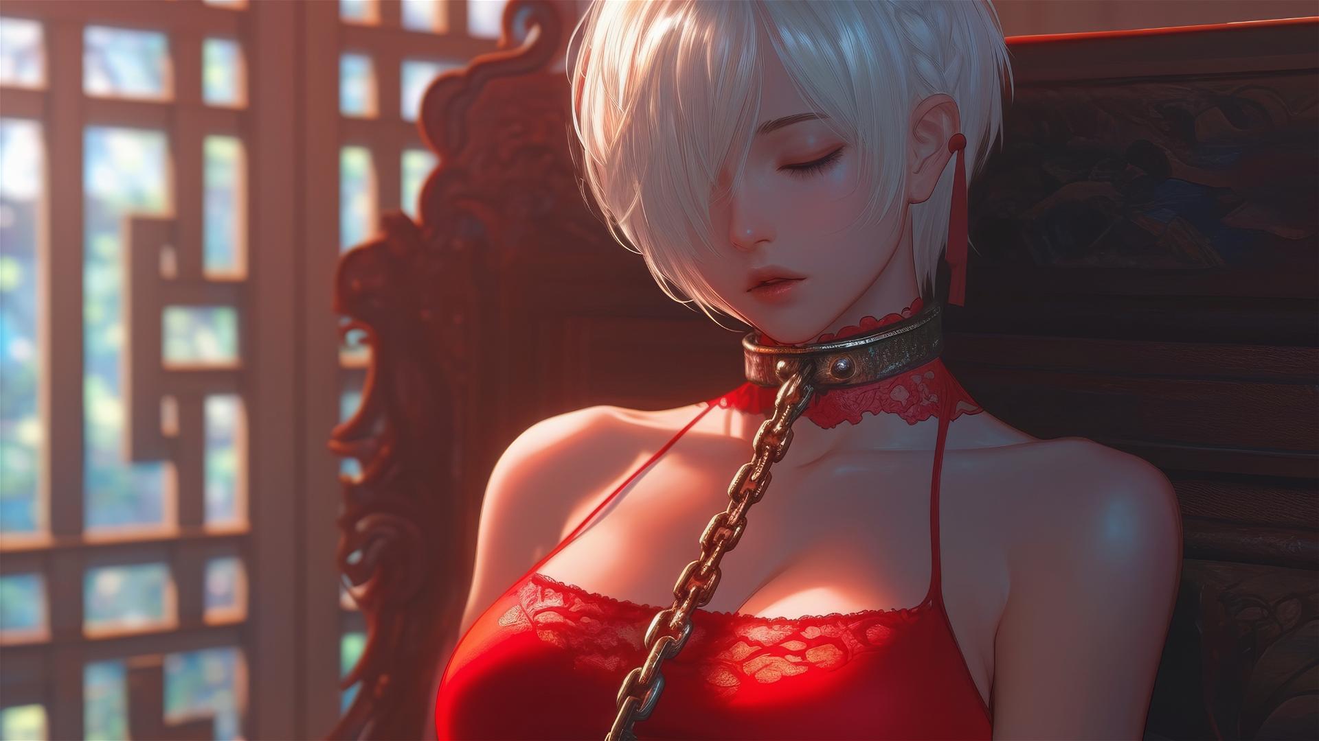 2B from Nier in red, neck locked with iron chains, in a modern hotel room