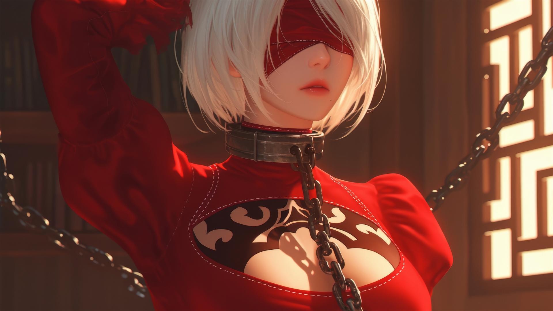 2B from Nier in red, blindfolded, chained, in apartment bath with warm light