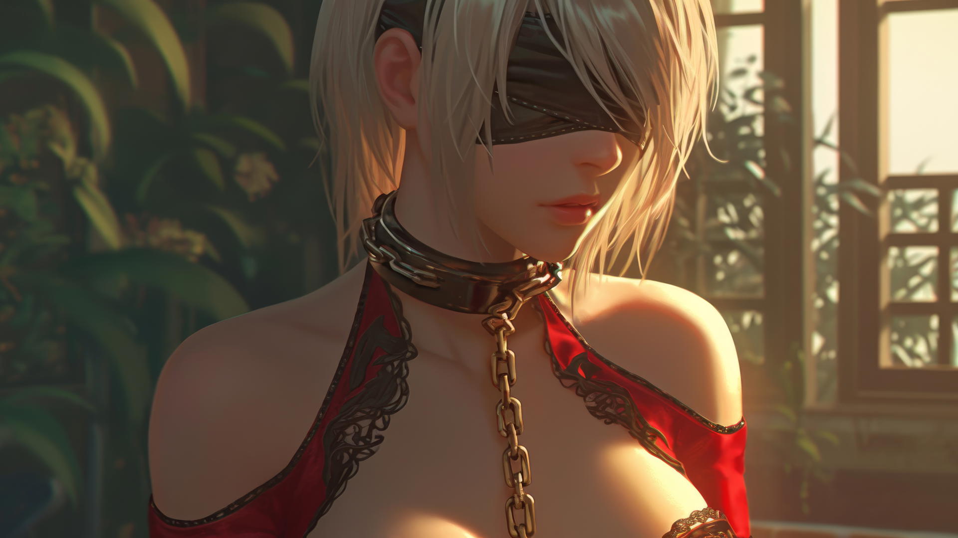 2B from Nier, in red attire, blindfolded, neck locked with iron chains, warm lighting