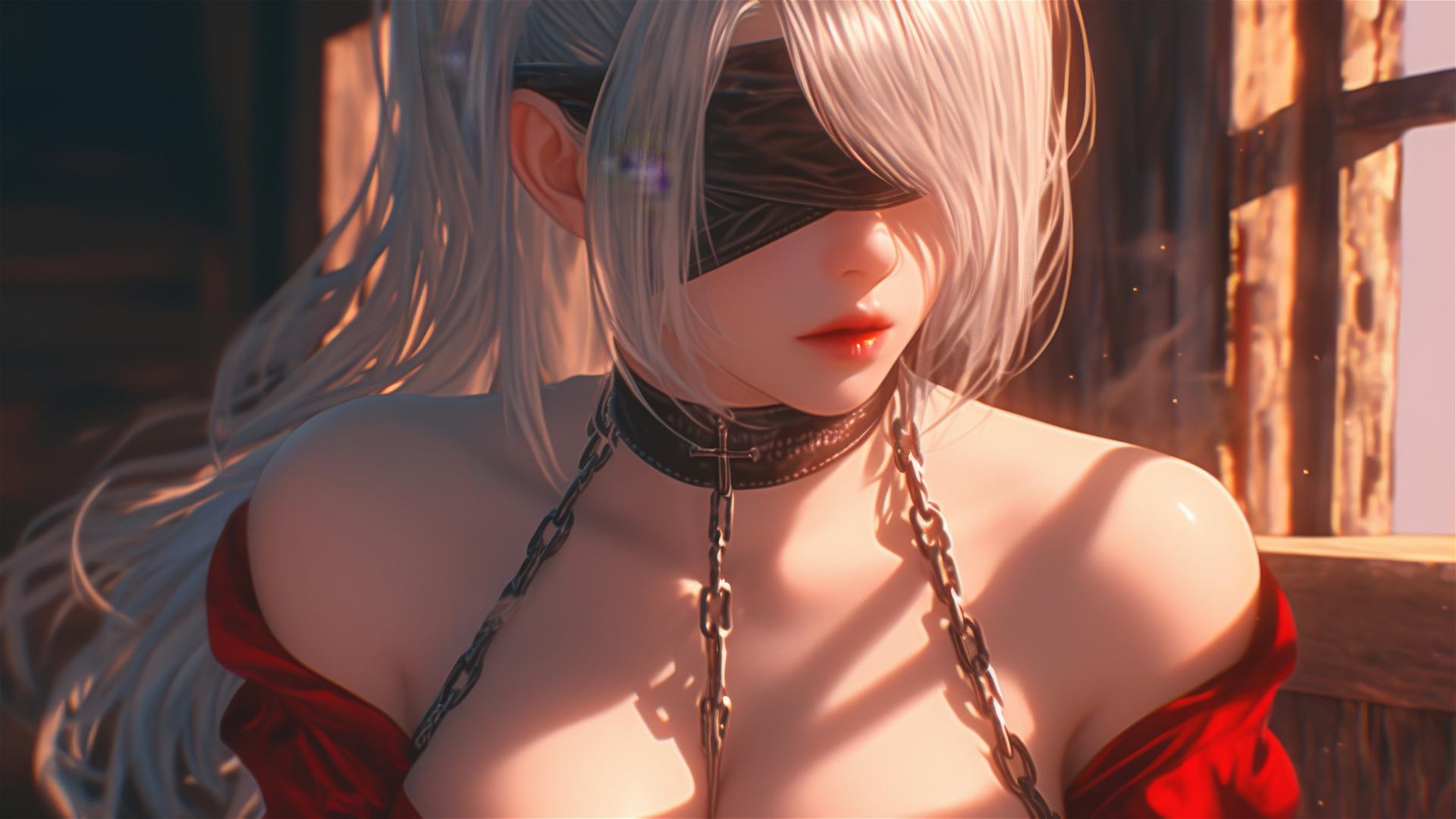 2B from Nier, wearing red and a blindfold, chained by the neck in a glowing light.