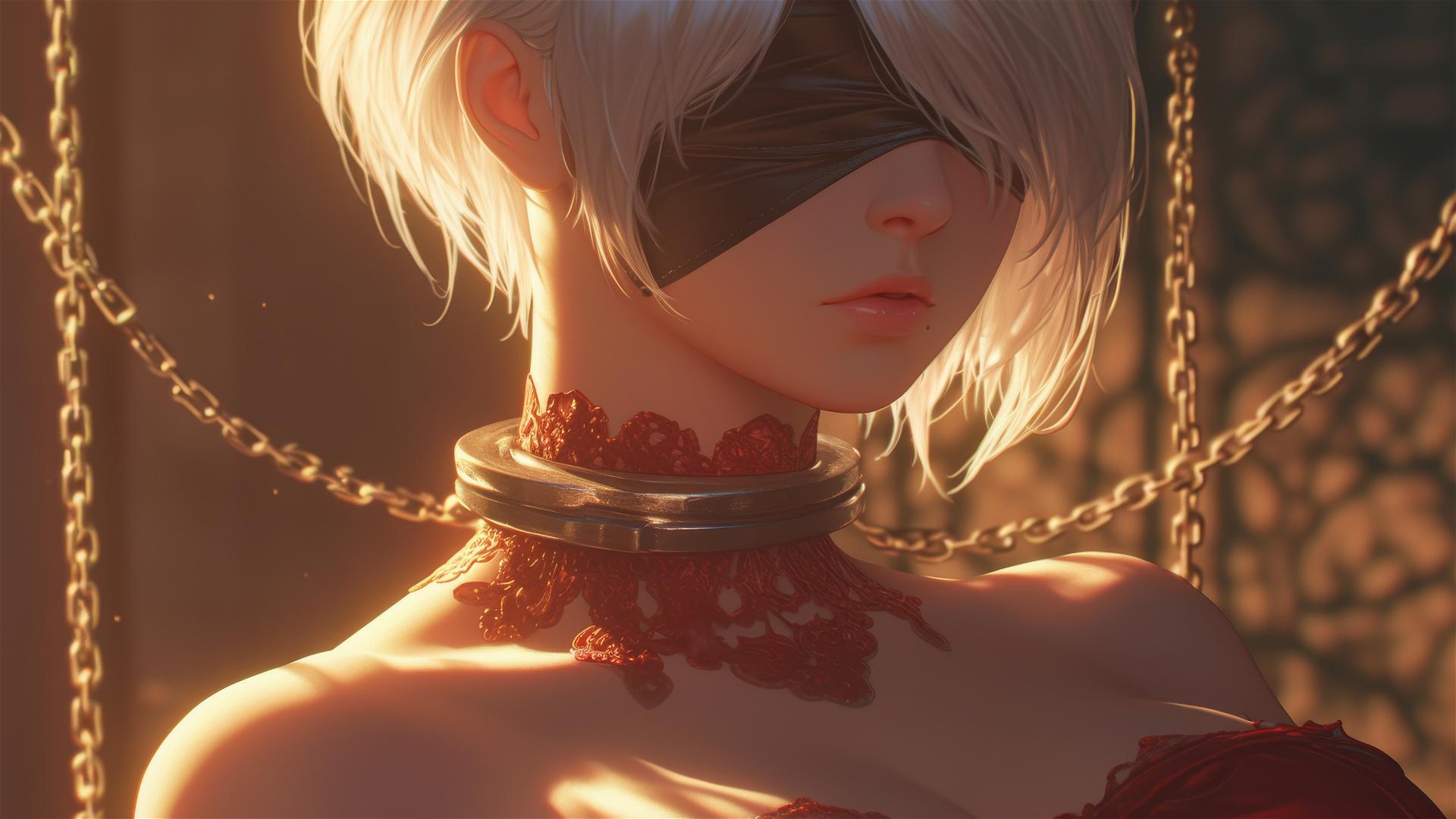 2B from Nier, in thick iron chains, wearing a red outfit and blindfold, in a tub with warm light.