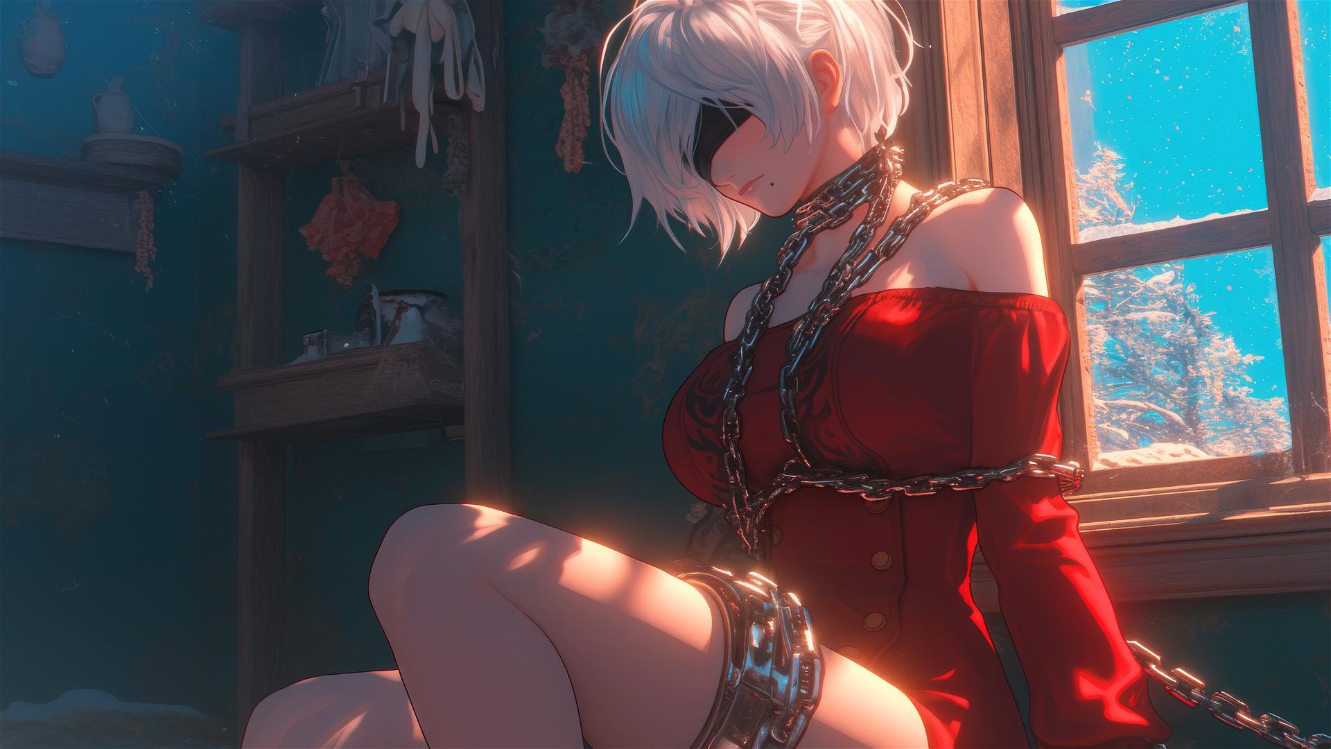2B from Nier with chains, in red attire, blindfolded in a modern apartment