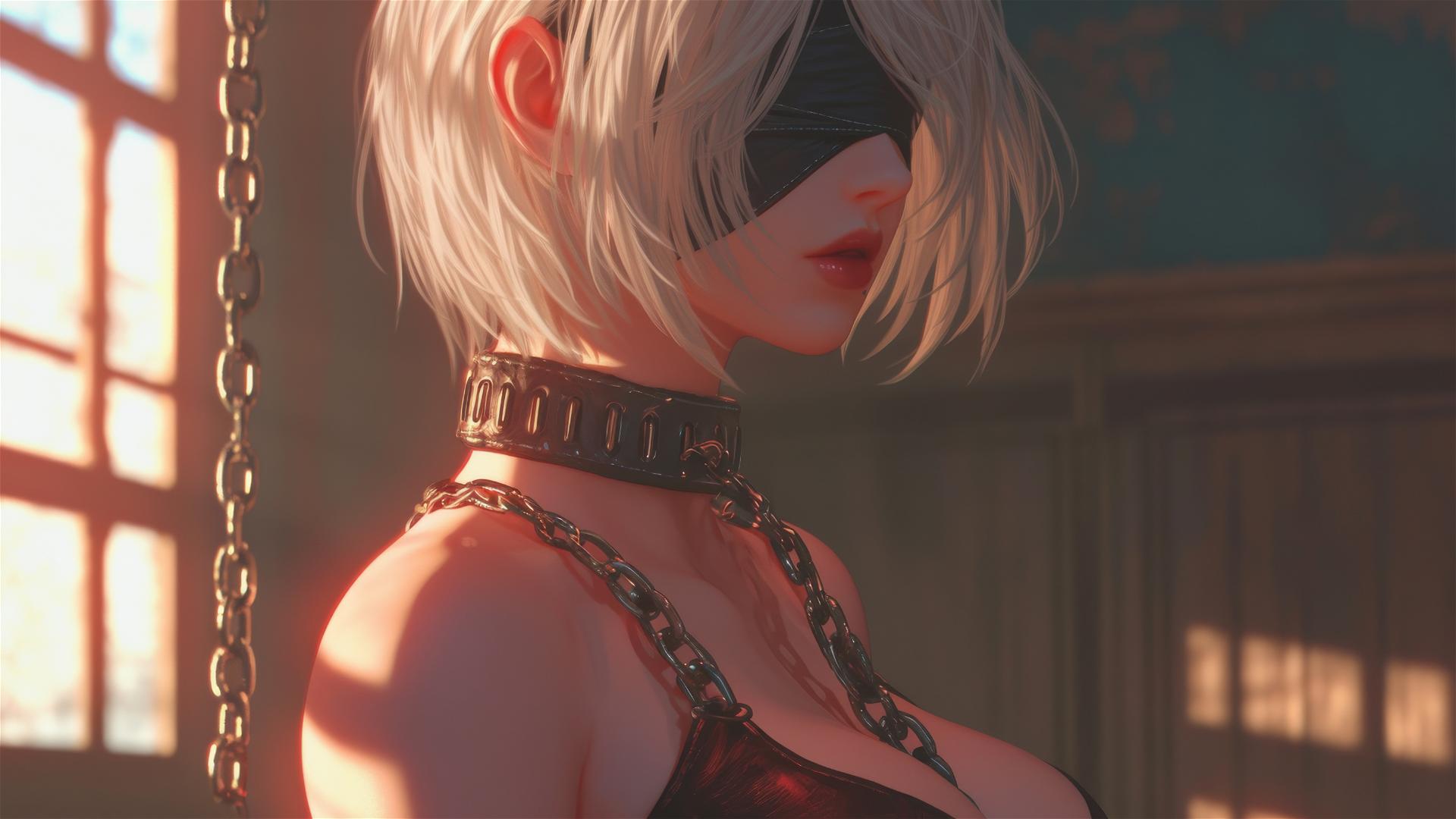 2B from Nier in a modern apartment, neck locked with iron chains and wearing a red outfit with a blindfold.