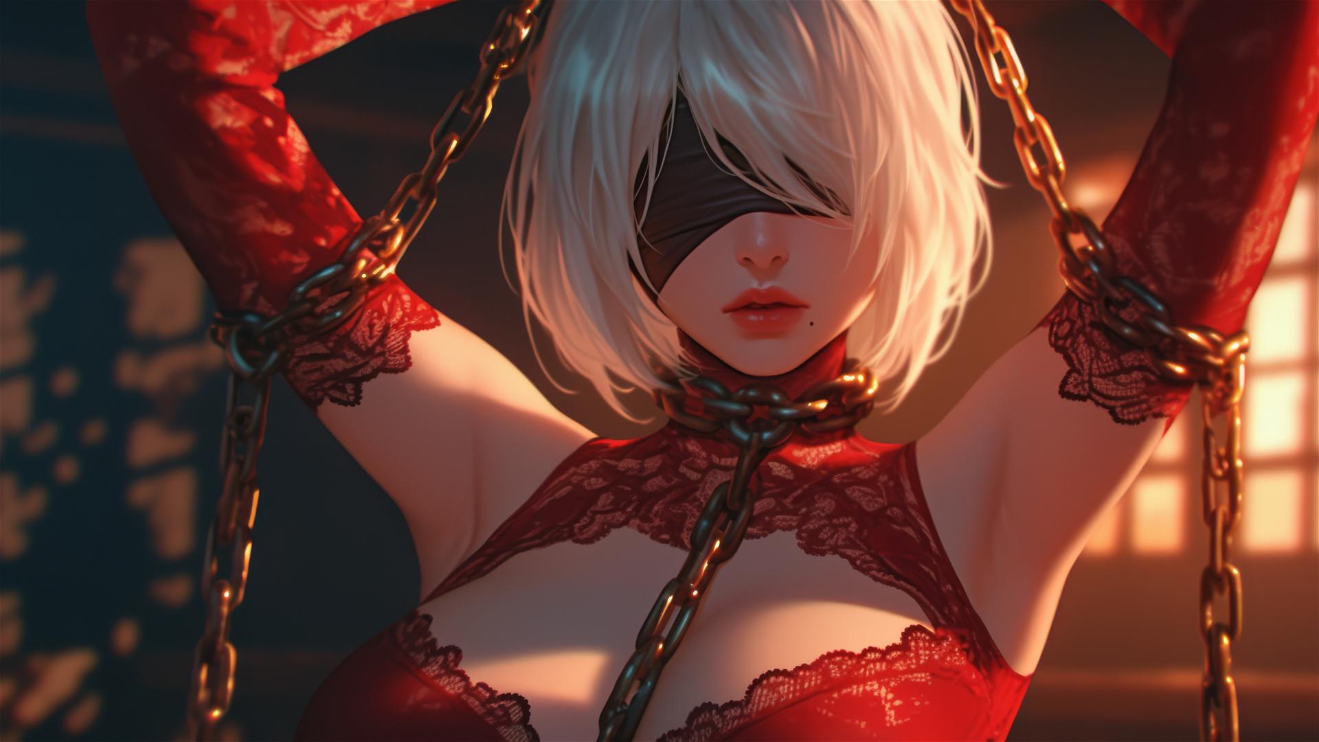 2B from Nier in a modern hotel room, neck locked with thick iron chains, wearing red and a blindfold