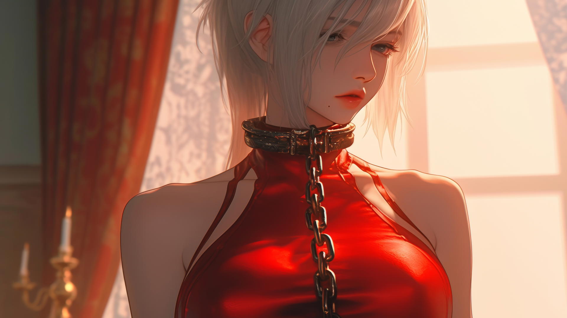 2B from Nier with eyes blindfolded, wears red, chained in modern hotel room.