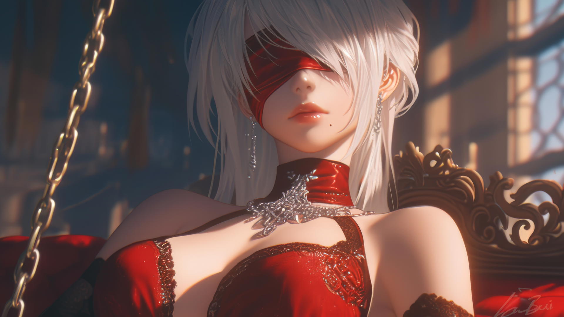2B from Nier with a blindfold and iron chains around her neck in a modern hotel room.