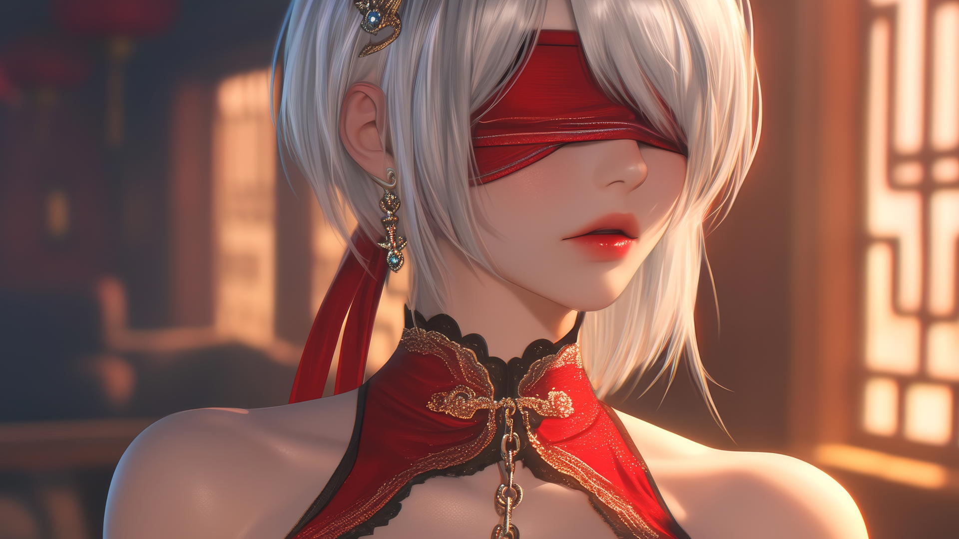 2B from Nier in red, neck locked with iron chains, in a glowing modern hotel room