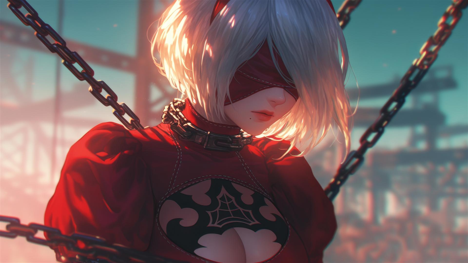 2B from Nier in a modern hotel room, neck locked with thick iron chains, wearing a red outfit and red blindfold.